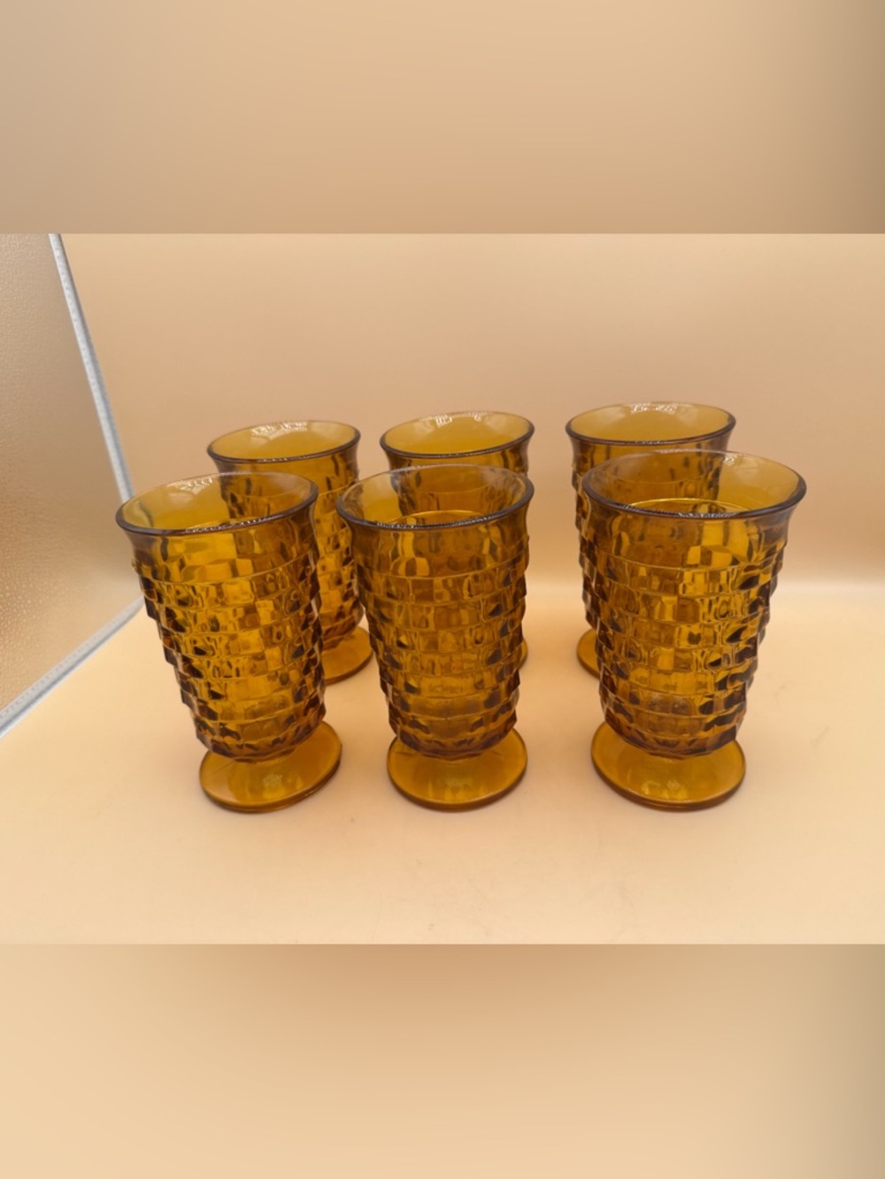 Vintage Indiana Glass Set of 6 Amber Textured Footed Glasses